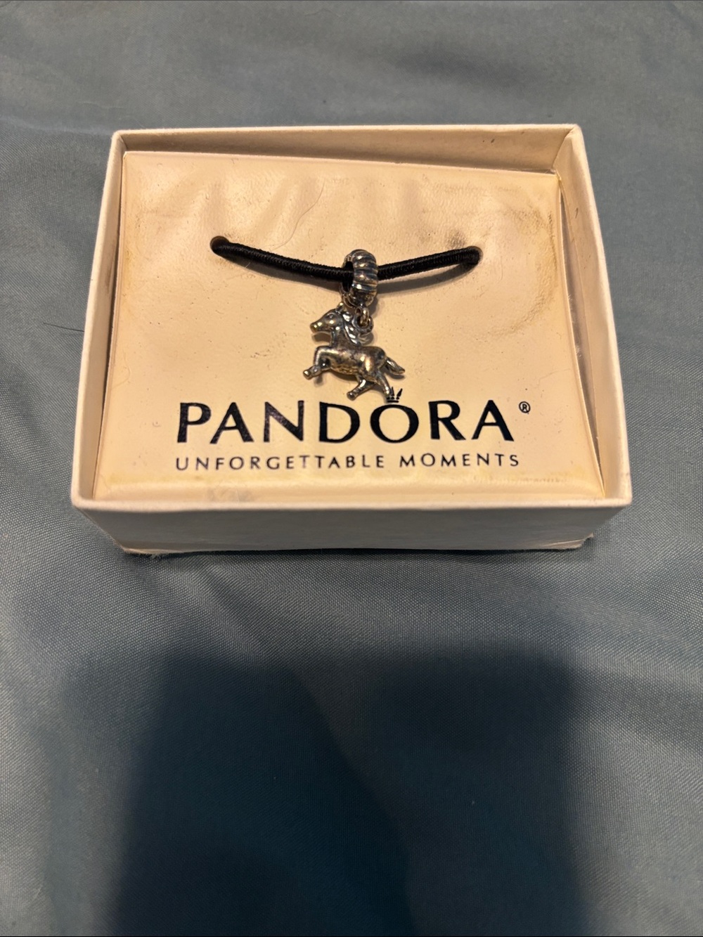 Pandora Silver Horse Charm on Black Cord Necklace